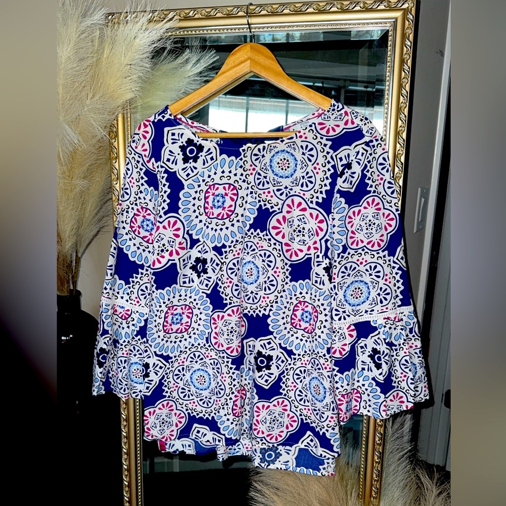 Flowy Royal Blue Bell Sleeve Blouse with Lace Detail & Ribbon Back [Size S/M]